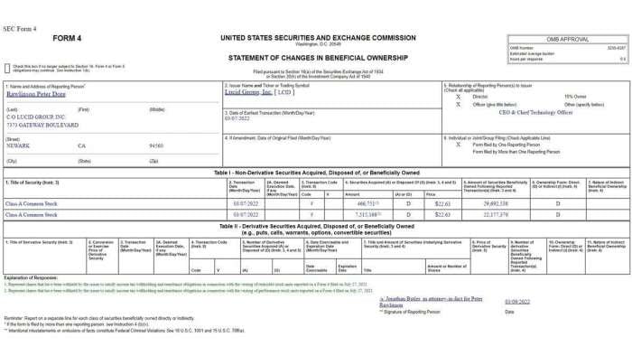 Screenshot showing Peter Rawlinson's Form 4 SEC filing with the sale of nearly 8,000,000 units of LCID stock