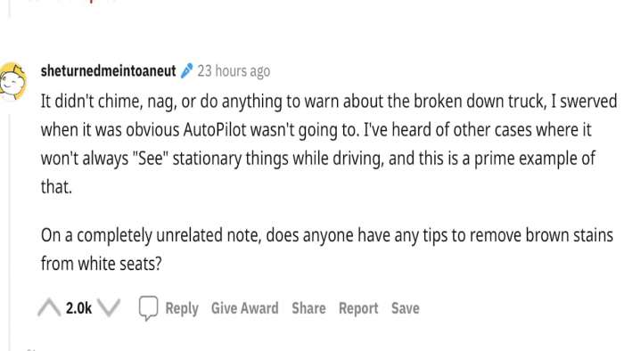 Reddit post warns about Autopilot problem