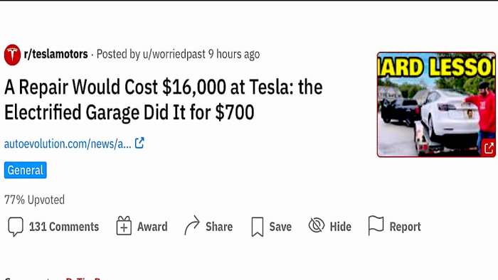Reddit post warns of high cost Tesla repairs