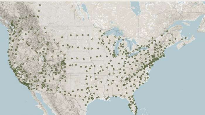 Image showing a map of the US with locations of Rivian's planned charging stations