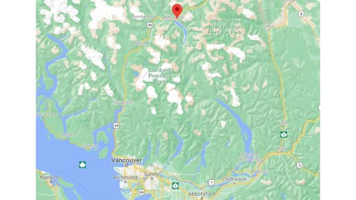Screenshot from Google Maps showing the route that the Sea To Sky Highway takes from Vancouver to Whistler.