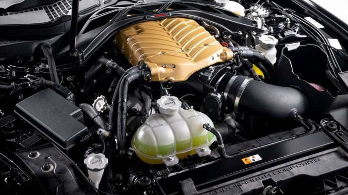 Image showing the gold-painted Whipple supercharger on the Shelby GT500-H's 5.2-liter V8.