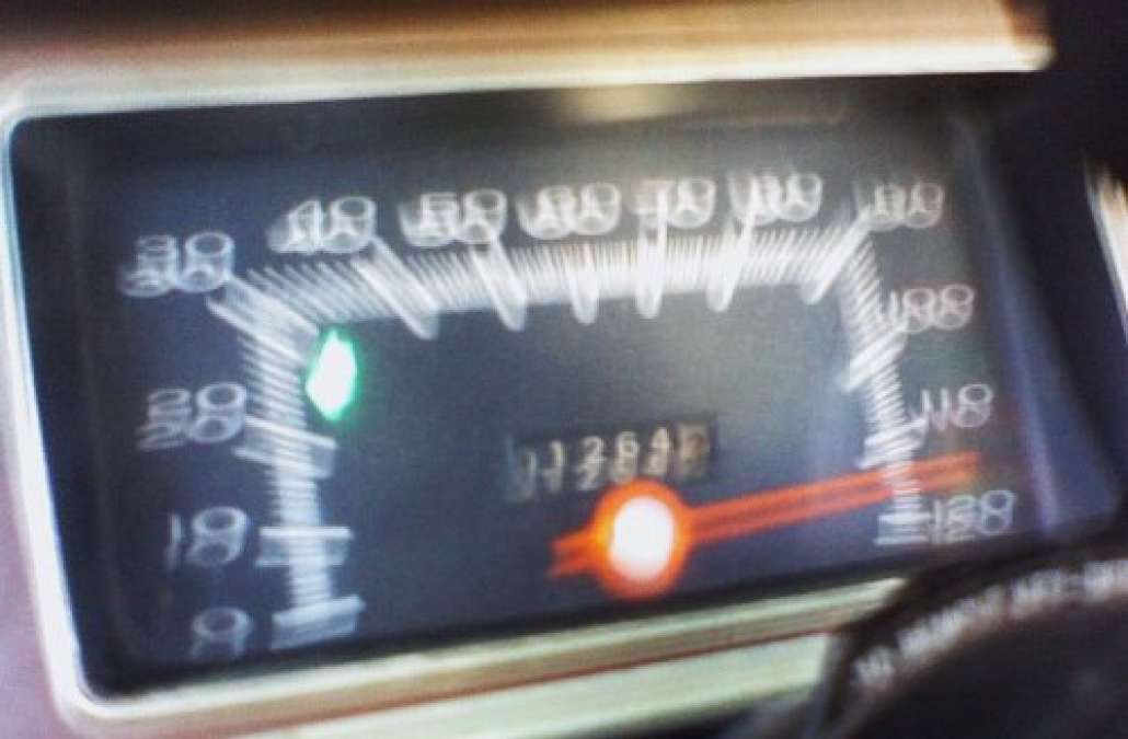 The speedometer of a 1972 Dodge Demon 340
