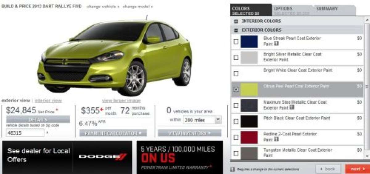 A screenshot of the 2013 Dodge Dart build page