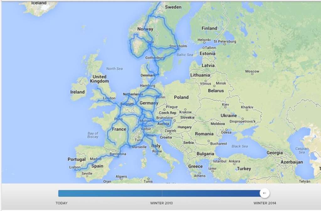 Projected European Tesla Supercharger network, Winter 2014