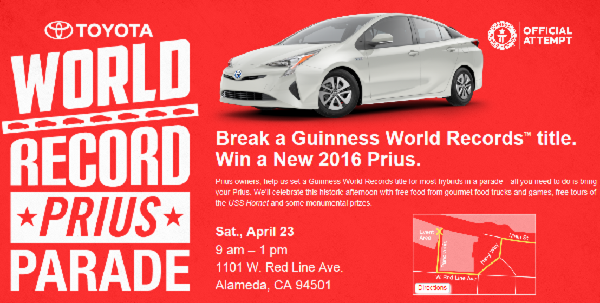 Bring your Prius to the Prius Parade April 23rd in Alameda California and be part of a Guinness world record event.