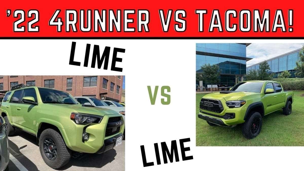 2022 Toyota 4Runner TRD Pro Lime Rush 2022 Toyota Tacoma TRD Pro Electric Lime Metallic profile view front end