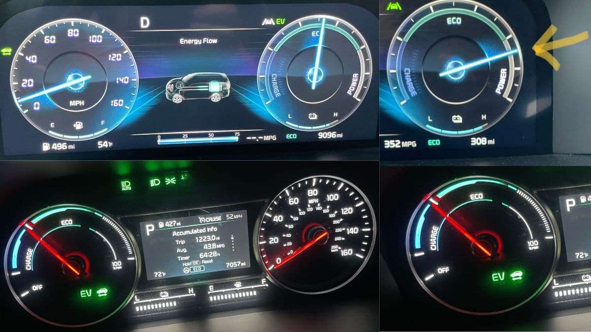 Kia Sorento hybrids’ dashboard displays showing efficiency information