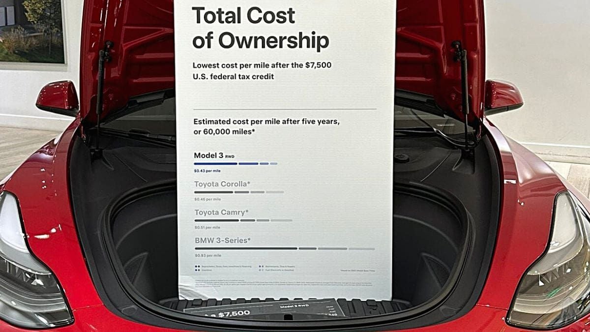 Tesla Center Sign Total Cost of Ownership of a Tesla Is Less Than a Toyota and BMW