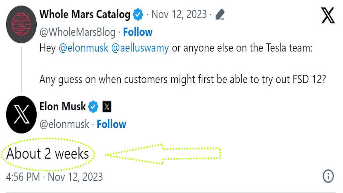 Elon Musk: About Two Weeks Until Customers Can Use FSD V12
