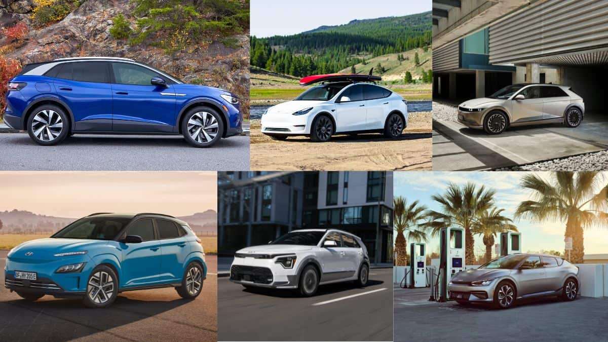 VW ID.4, Tesla Model Y, Hyundai Ionic 5, Hyundai Kona, Kia Niro, and Kia EV6
