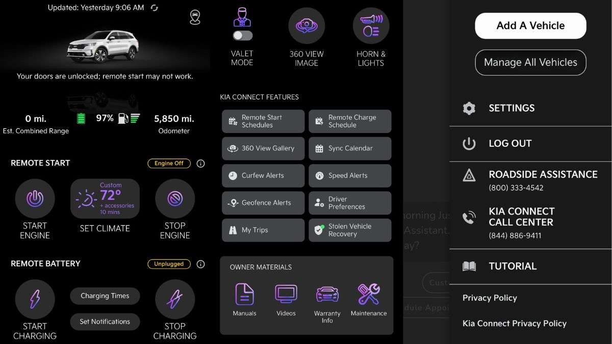 3 panel screenshot from the Kia Access app showing various controls in the app
