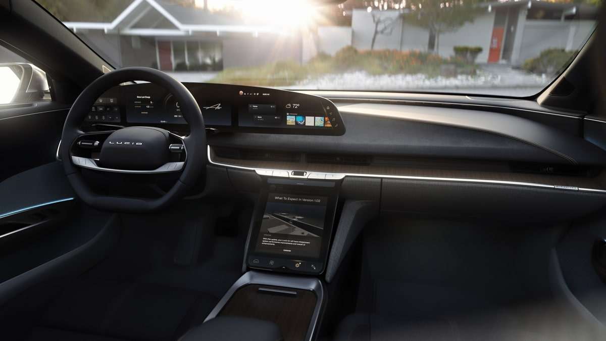 Interior shot of the Lucid Air showing its 34-inch wide Glass Cockpit and the Pilot Panel below it.