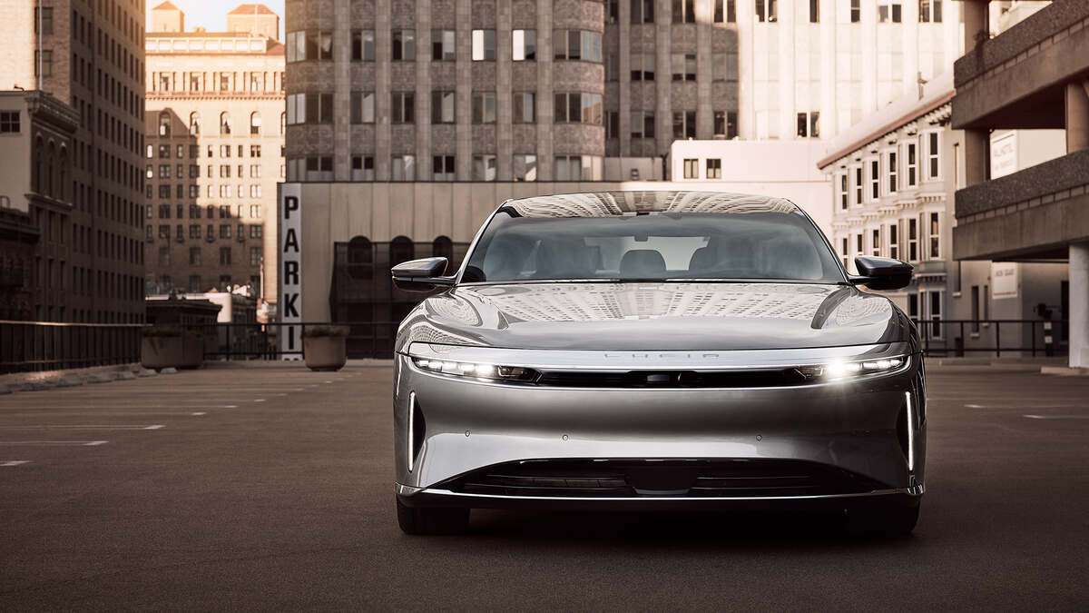Front-end shot of a Lucid Air Touring in silver