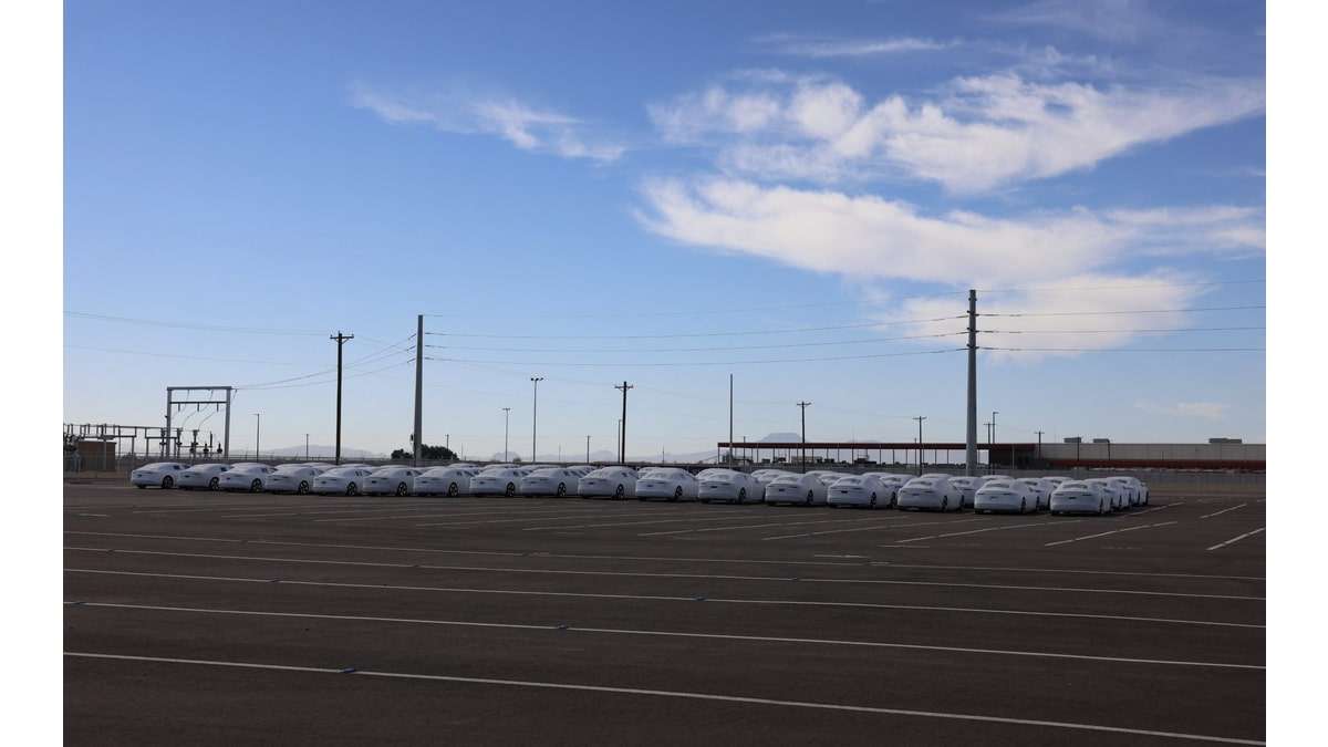 Image showing 51 Lucid Airs parked outside the Casa Grande, Arizona factory awaiting shipping