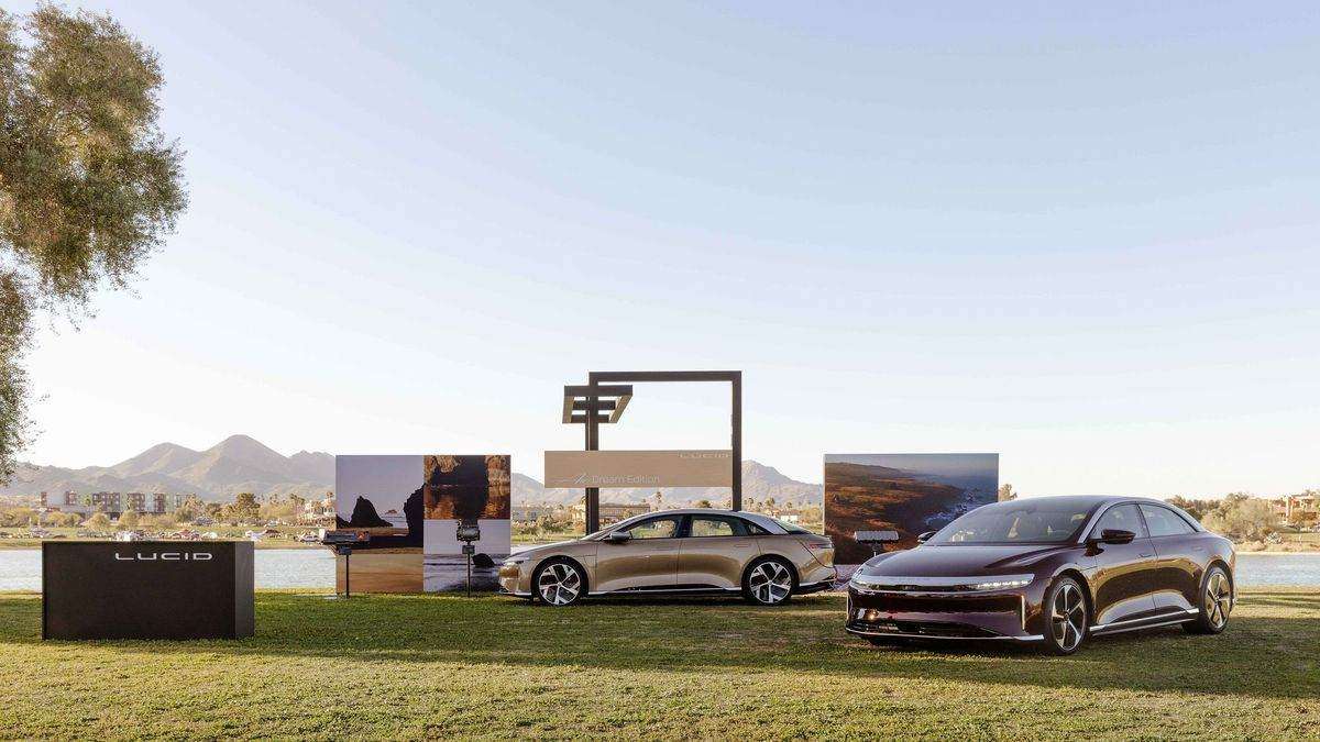 A pair of Lucid Air Dream Editions are pictured on the lawn at Concours in the Hills in Fountain Hills, Arizona