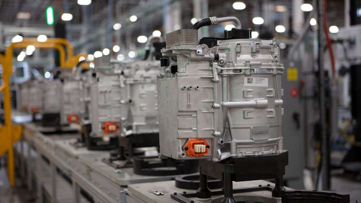 Image showing a row of Lucid Air gearboxes waiting for installation at the AMP-1 factory in Arizona