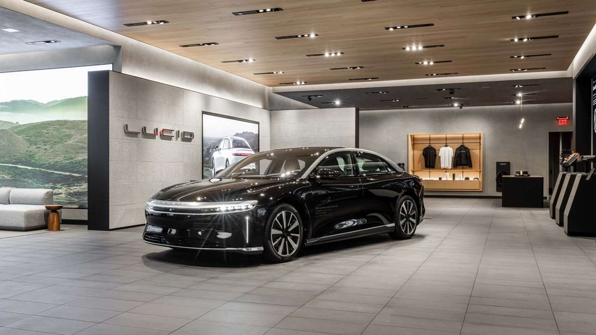 Image showing a Lucid Air EV sedan inside Lucid's newest Studio at the Tysons Corners Center outside of Washington, D.C.