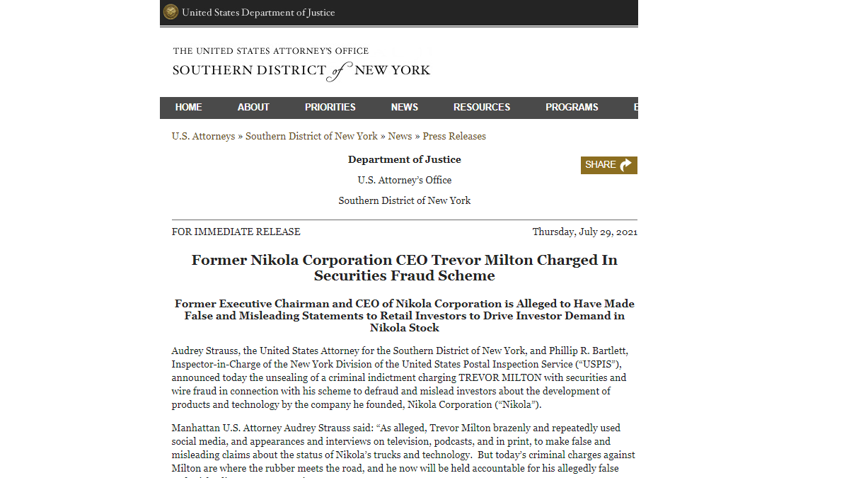 Image of Nikola founder's indictment courtesy of the DOJ media page. 