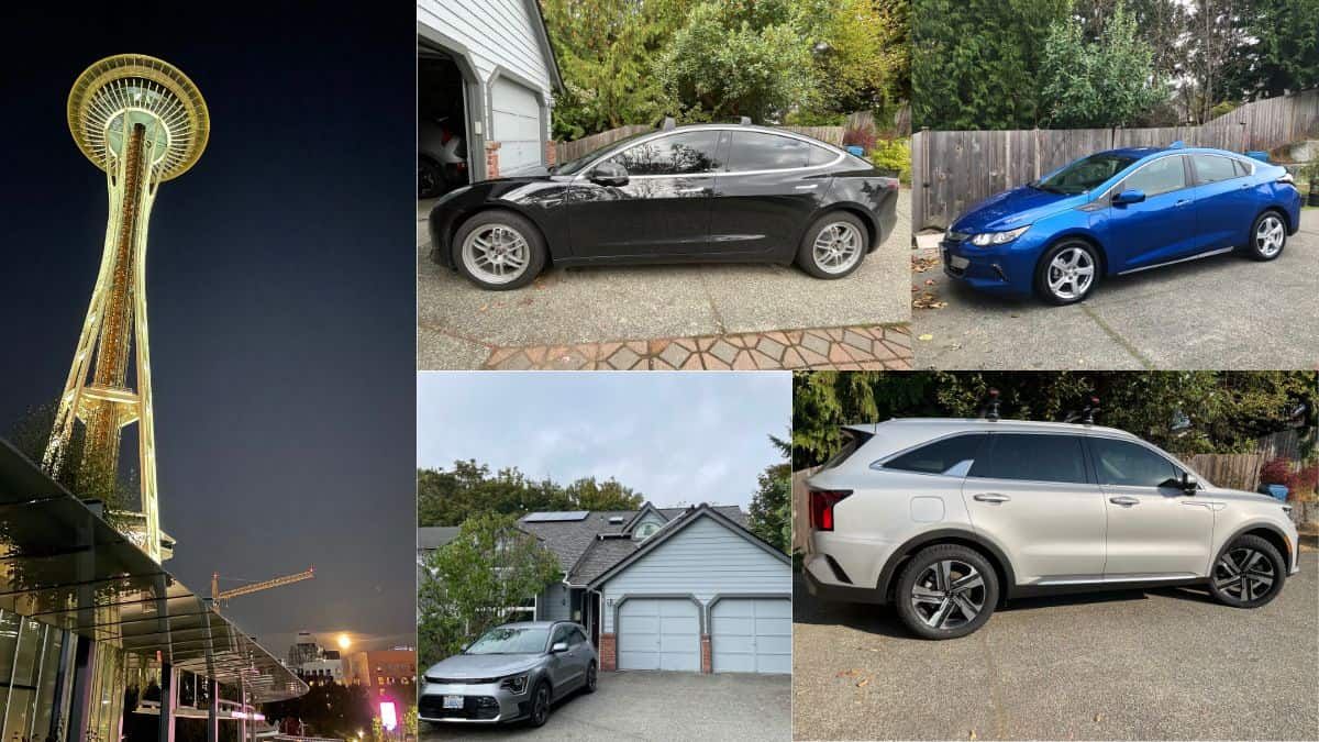 Seattle Space Needle, black Tesla Model 3, Blue Chevy Volt, Silver Kia Sorento, house with solar panels