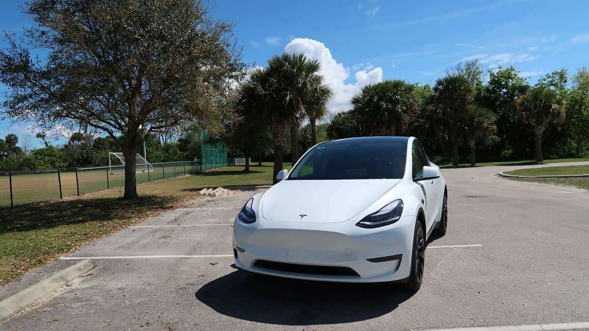 White Tesla Model Y front view