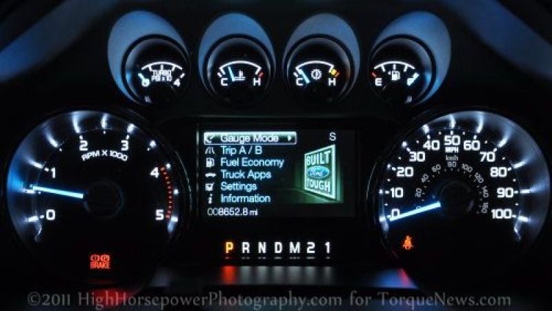 The gauge cluster of the Ford F250 Super Duty