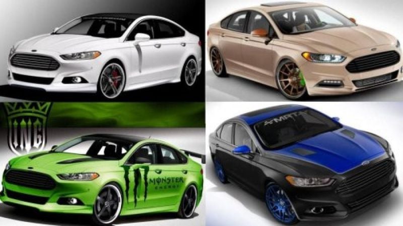 A collage of artwork teasing the 2013 Fusion sedans coming to SEMA