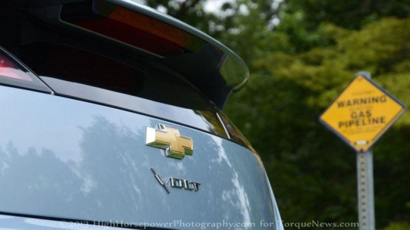 The rear logo of the 2013 Chevy Volt
