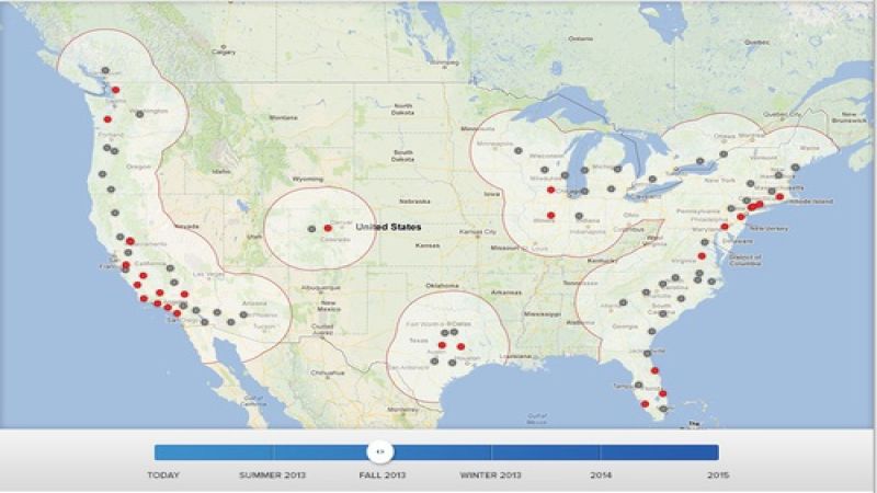 Tesla Supercharger network, Fall 2013