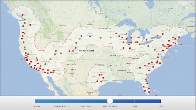 Projected Tesla Supercharger network, Winter 2013
