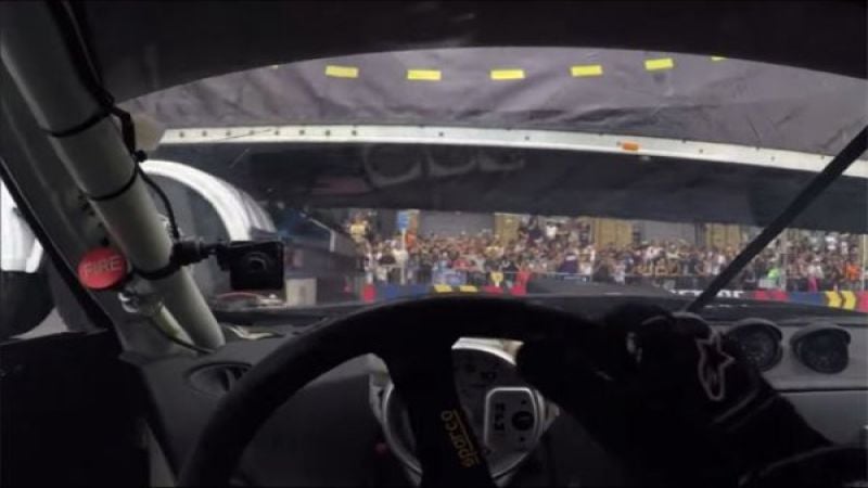 Forsberg in Nissan 370Z under trailer