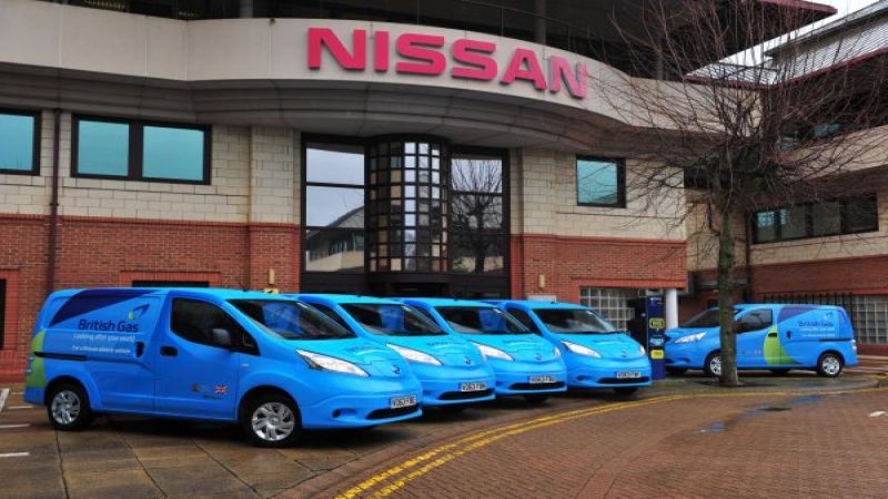 British Gas e-NV200 vans in front of Nissan HQ in UK
