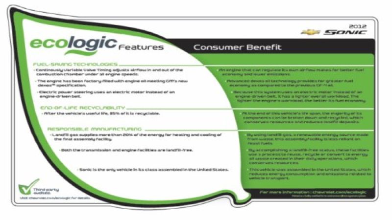 Ecologic label for 2012 Chevrolet Sonic
