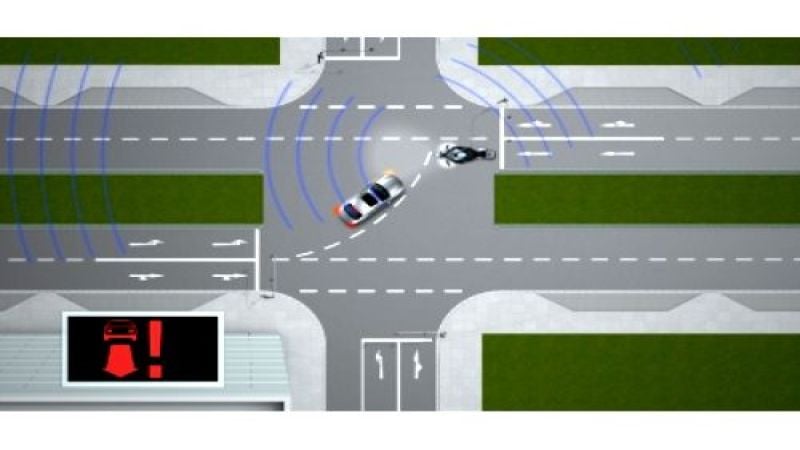 An illustration of BMW's Car-to-x technology's warning of eminent impact