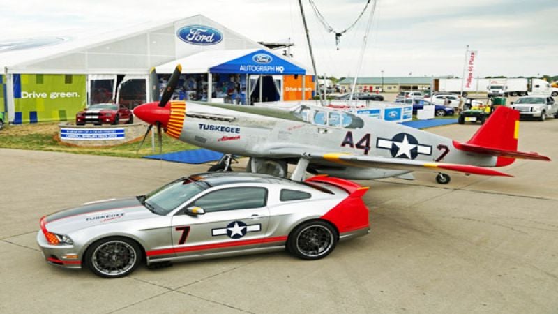 Two different Mustangs sporting Red Tails. Photo courtesy of Ford Motor Co. 