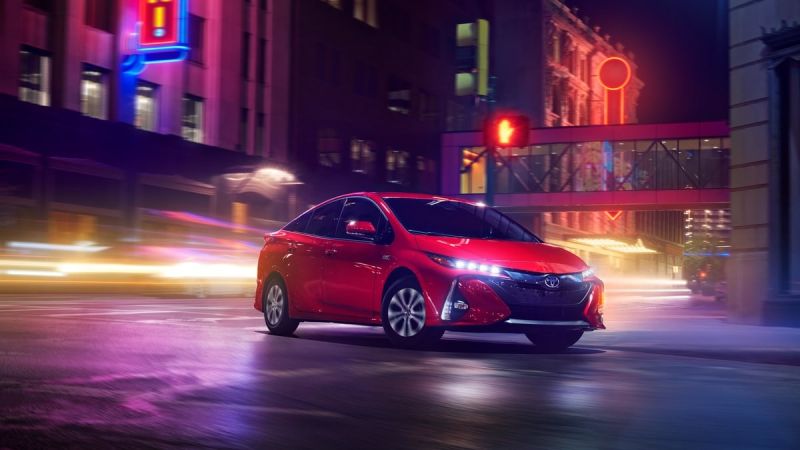 2020 Prius Prime Night Time Streets Red Beautiful Full Shot