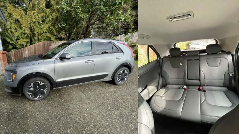Gray 2023 Kia Niro EV exterior and rear seats
