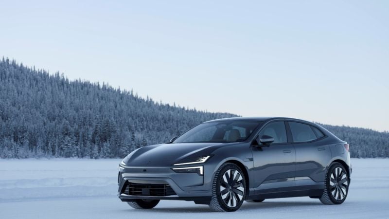 2025 Polestar 4 electric SUV front view, minimalist Scandinavian design in desert setting