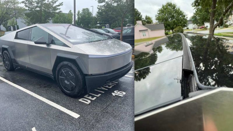 Jake Walski's Tesla Cybertruck and his windshield after it was replaced