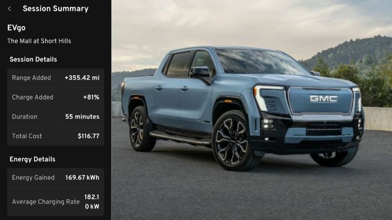 A blue GMC electric truck parked in a scenic area, displaying charging session details, including range, charge, time, and cost.