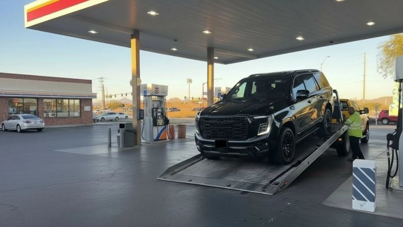 Black 2025 GMC Yukon being loaded onto a flatbed tow truck at a gas station during sunset.