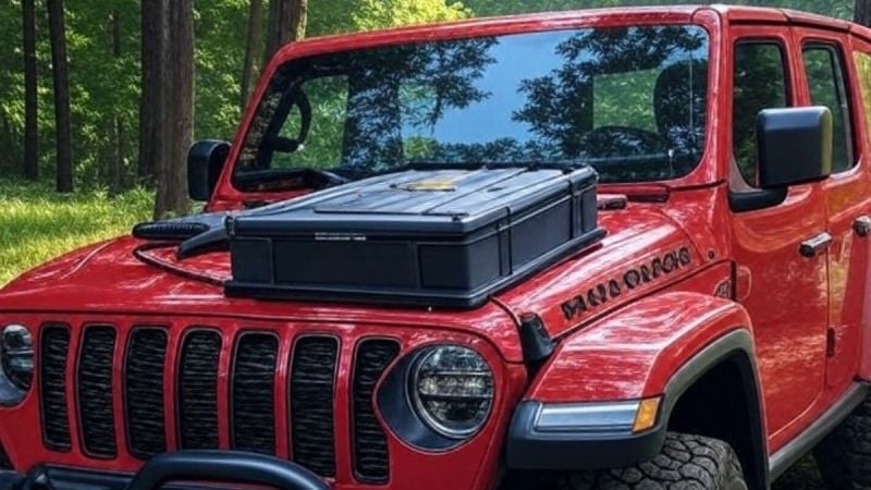 2025 Jeep JL Rubicon with a battery placed on the top of the hood