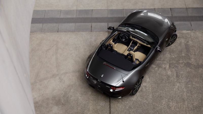 Grey 2025 Mazda MX-5 Miata roadster overhead view