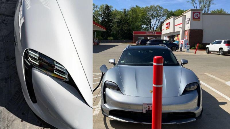A 2025 silver Porsche Taycan Cross Turismo is parked at a gas station, with a close-up view of its headlights and dynamic design.