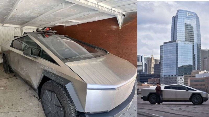 A Tesla Cybertruck parked in a garage, dusty and angular, next to an urban skyline featuring modern buildings.