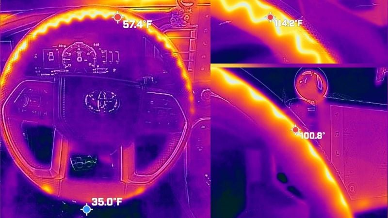 Thermal camera image of a Toyota Tundra heated steering wheel showing uneven heat distribution, with hotter upper sections and cooler temperatures on the inner lower portion of the wheel.