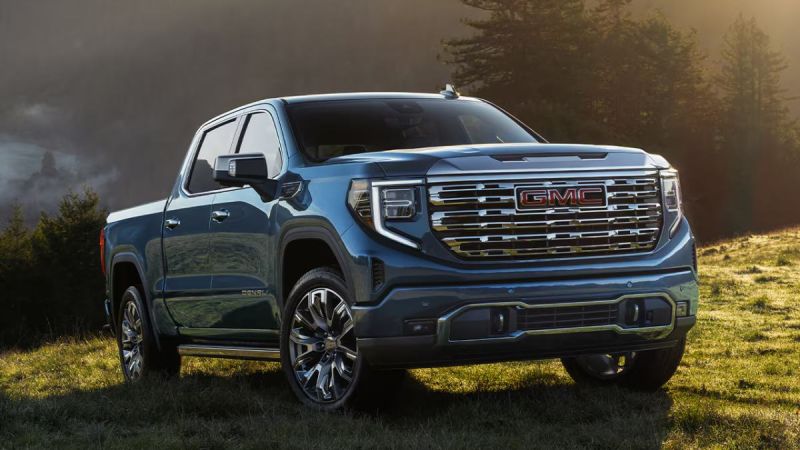 Blue GMC pickup truck parked on grassy field with trees in the background.