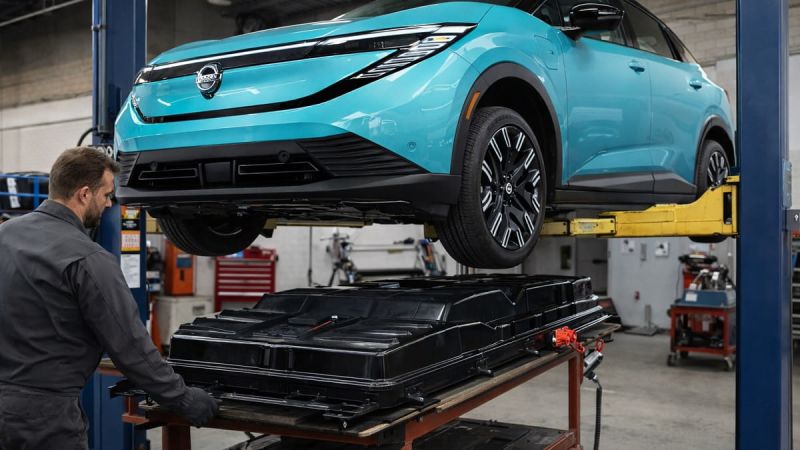 2026 Nissan LEAF up on a lift getting battery replaced
