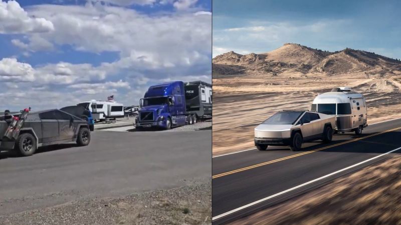 A 2026 Tesla Cybertruck towing a silver Airstream trailer on a winding road, with mountains in the background under a blue sky.