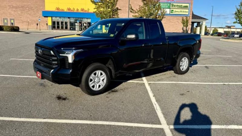 Black pickup truck parked in a lot near a shopping center on a sunny day.